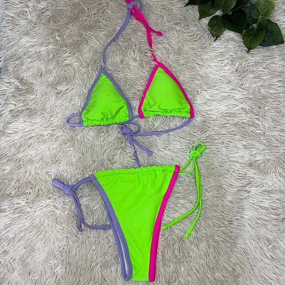 Shein women's tri-color triangle top +matching side-tie cheeky bottom bikini set - Picture 10 of 12
